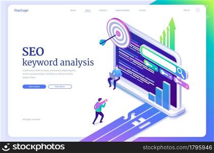 SEO keyword analysis website. Research, ranking and analytics of search engine optimization of content. Vector landing page with isometric people, graphs, keys, text on tablet screen and target. Vector banner of SEO keyword analysis