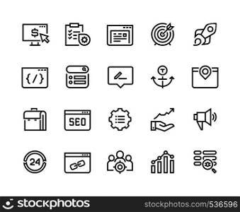 SEO line icons. Web business trend network analysis media target strategy website analytic. Search engine optimization vector infographic set. SEO line icons. Web business trend network analysis media target strategy website analytic. Search engine optimization vector set