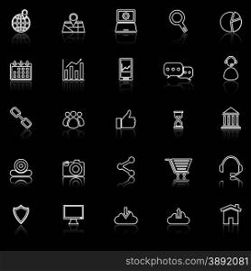 SEO line icons with reflect on black, stock vector