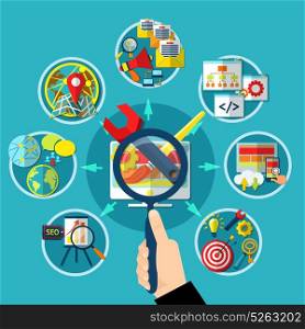 SEO Magnifying Lens Concept. Search optimization conceptual background human hand with lens and flowchart with circle website development image compositions vector illustration