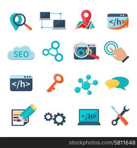 Seo marketing analytics and development flat icons set isolated vector illustration. Seo Marketing Flat Icons