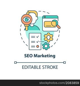 SEO marketing concept icon. Optimizing content for search engines abstract idea thin line illustration. Isolated outline drawing. Editable stroke. Roboto-Medium, Myriad Pro-Bold fonts used. SEO marketing concept icon