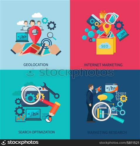Seo marketing design concept set with geolocation search optimization flat icons isolated vector illustration. Seo Marketing Flat Icons
