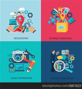 Seo marketing design concept set with geolocation search optimization flat icons isolated vector illustration. Seo Marketing Flat Icons