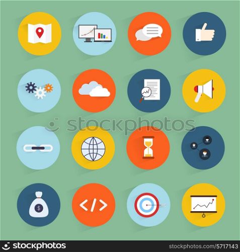 SEO marketing flat icons set with community profit clean code isolated vector illustration
