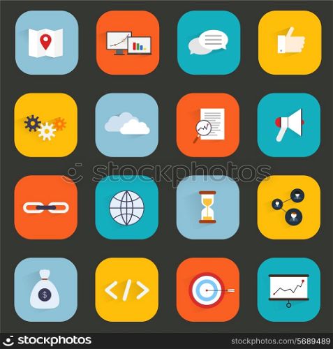 SEO marketing flat icons set with keyword search link optimization speed isolated vector illustration
