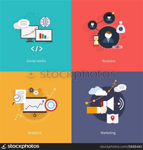 SEO marketing flat icons set with social media business analytics isolated vector illustration