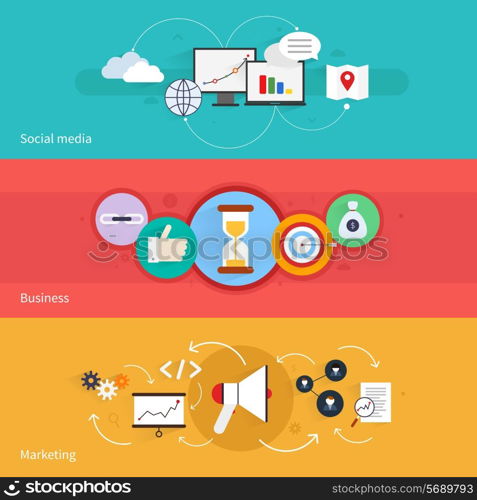 SEO marketing horizontal banner set with social media business isolated vector illustration