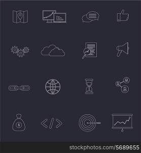 SEO marketing outline icons set with choice optimisation social network cloud isolated vector illustration