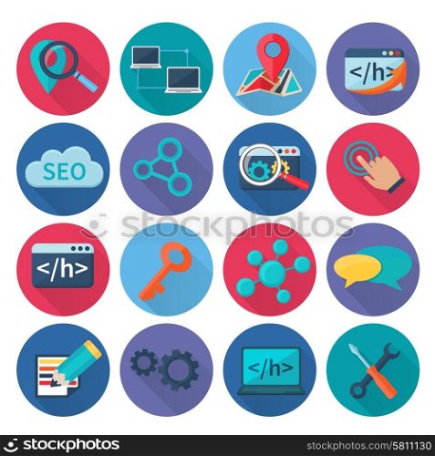 Seo marketing search optimization and web analytics icons flat long shadow set isolated vector illustration. Seo Marketing Icons Flat