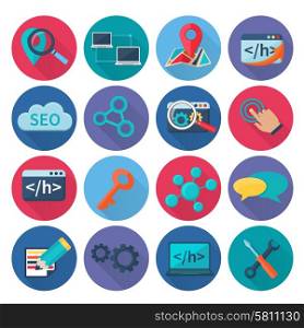 Seo marketing search optimization and web analytics icons flat long shadow set isolated vector illustration. Seo Marketing Icons Flat