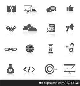SEO marketing training landing search web site black icons set isolated vector illustration