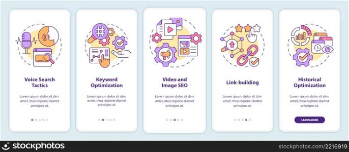 SEO marketing trends onboarding mobile app screen. Optimization walkthrough 5 steps graphic instructions pages with linear concepts. UI, UX, GUI template. Myriad Pro-Bold, Regular fonts used. SEO marketing trends onboarding mobile app screen