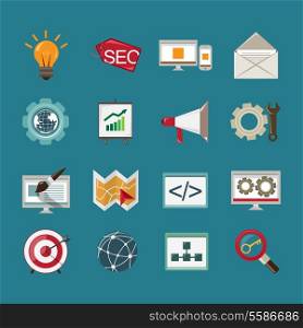 SEO mobile computer website optimization analysis icons set isolated vector illustration.