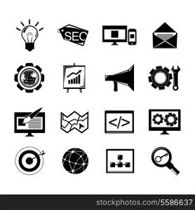 SEO mobile computer website optimization software black icons set isolated vector illustration.