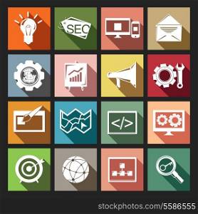 SEO mobile computer website optimization user interface flat icons set isolated vector illustration