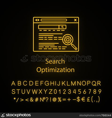 SEO neon light icon. Search engine optimization. Website ranking. SEO marketing. Web browser. Searching results. Glowing sign with alphabet, numbers and symbols. Vector isolated illustration. SEO neon light icon