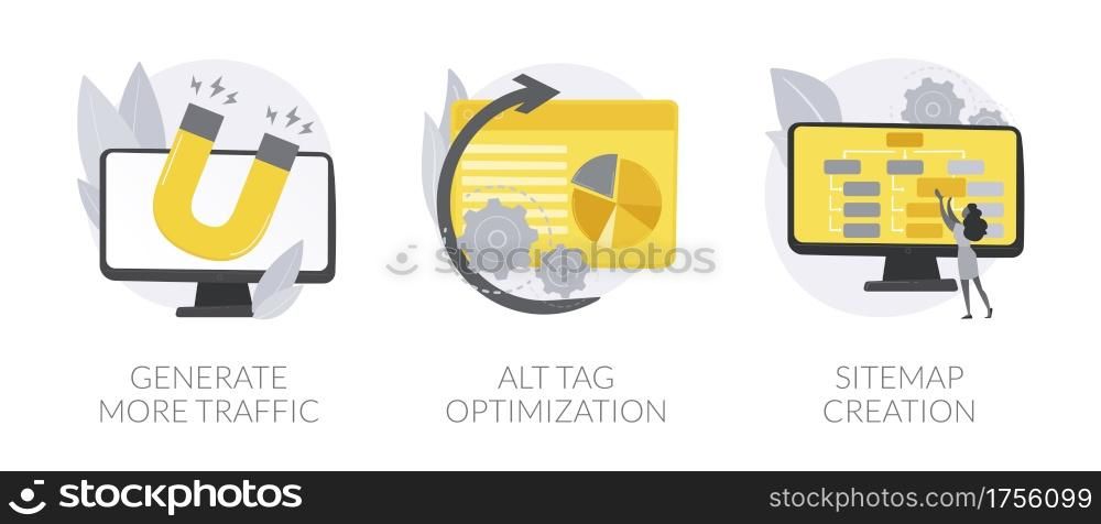 SEO online service abstract concept vector illustration set. Generate more traffic, alt tag optimization, sitemap creation, page navigation, search engine, marketing research abstract metaphor.. SEO online service abstract concept vector illustrations.