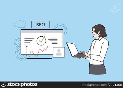 Seo optimization and business development concept. Smiling worker manager woman standing with laptop and making presentation about SEO processes in business vector illustration . Seo optimization and business development concept
