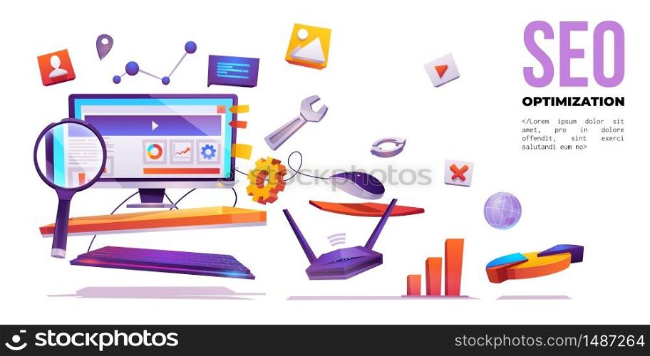 SEO optimization banner. Technology for internet marketing and digital business content. Computer desktop with wrench, magnifier, cogwheel and media icons around, Cartoon vector illustration, poster. SEO optimization, internet web marketing banner