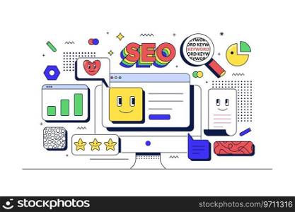 SEO optimization concept. Computer and related icons. Flat line 90s cartoon style. Vector illustration