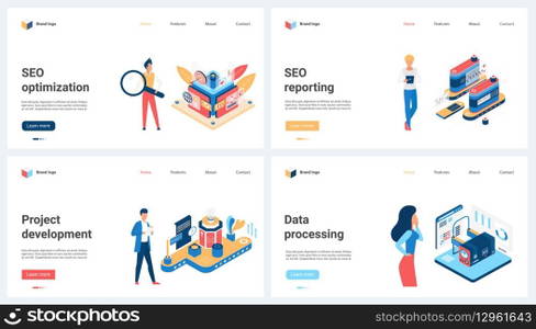 SEO optimization, data processing and report, project development set vector illustration. Cartoon tiny people research audit performance with magnifying glass to improve digital marketing service. SEO optimization, data processing and report, project development set and tiny people