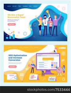 Seo optimization increase of conversion successful team holding award vector. Teamwork and price, screen with data, developers working on computer. Seo Optimization Increase of Conversion Successful
