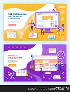 Seo optimization increase of conversion website development vector. Programmers and coders working with computer programming languages and tools set. Seo Optimization Increase of Conversion Website