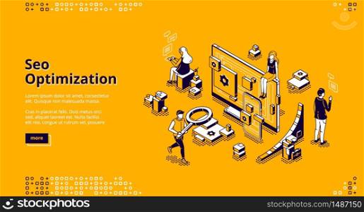 SEO optimization isometric landing page. Technology for internet marketing and digital business content. Tiny office people around of huge computer desktop, workflow 3d vector line art web banner. SEO optimization isometric landing page banner