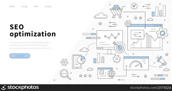 SEO optimization line art landing page, abstract business concept with doodle icons. Marketing diagram, magnifier and target with arrow, loudspeaker, gears, pc desktop and charts, Vector web banner. SEO optimization line art landing page, business