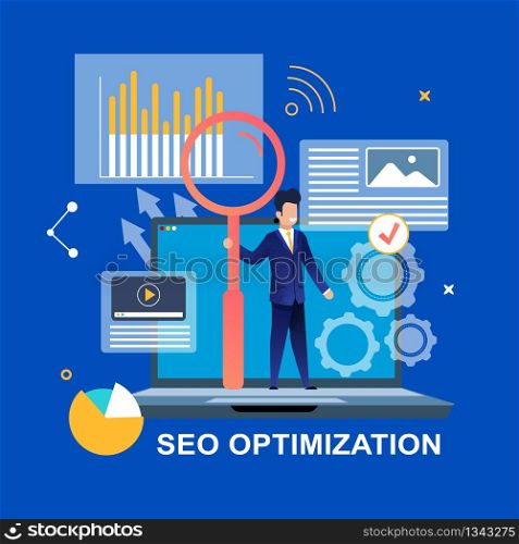 Seo Optimization. Man with Magnifier on Laptop. Around Different Graphics accelerate Work and Increase Productivity. Visiting Internet Resource and User Engagement. Flat Vector Banner.