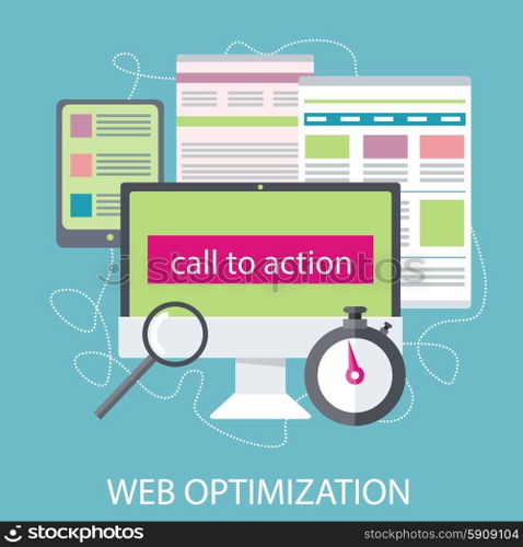SEO optimization, programming process and web analytics elements. Concept in flat design style. Can be used for web banners, marketing and promotional materials, presentation templates