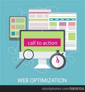 SEO optimization, programming process and web analytics elements. Concept in flat design style. Can be used for web banners, marketing and promotional materials, presentation templates