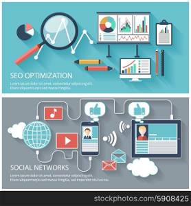 SEO optimization, programming process and web analytics elements in flat design. Set of social network icons