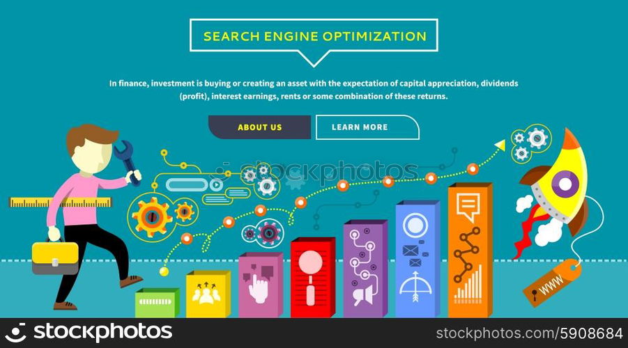 SEO optimization, programming process and web analytics elements in flat design. Guy with the suitcase and ruler rises up the ladder. Concept with text and buttons