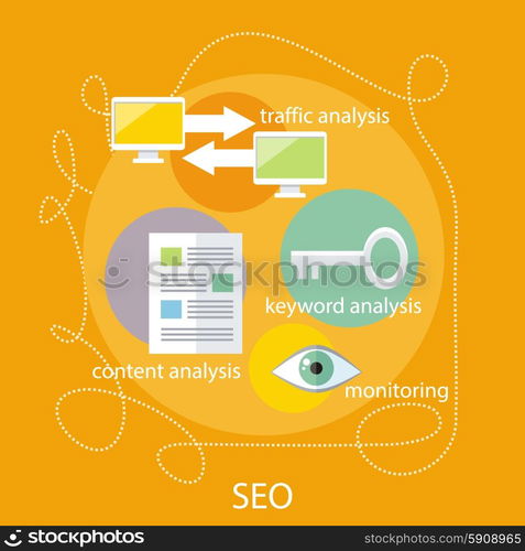 SEO optimization, programming process and web analytics elements in flat design. For marketing and promotional materials, presentation templates. Monitoring, traffic, keyword and content analysis