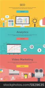 SEO optimization, programming process and web analytics elements in flat design. Video marketing. Approaches, methods and measures to promote products and services based on video