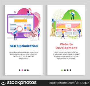 Seo optimization vector, monitor with people using magnifying glass, development of data, coding and programming workers, computer laptop. Website or slider app, landing page flat style. Seo Optimization Website Development Research