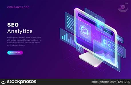 SEO or search engine optimization analytics, concept vector isometric illustration. Computer monitor with blue virtual holographic projections with graphs and charts for data analysis, landing webpage. SEO, search engine optimization analytics concept