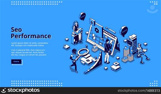 SEO performance isometric landing page. Optimization technology for internet marketing and digital business content. Office people and robot at huge calendar, workflow 3d vector line art web banner. SEO performance isometric landing page banner