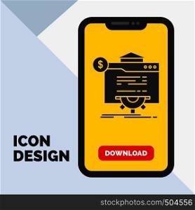 seo, progress, globe, technology, website Glyph Icon in Mobile for Download Page. Yellow Background. Vector EPS10 Abstract Template background