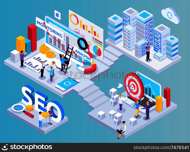 SEO project isometric composition with key words symbols vector illustration