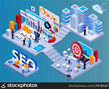 SEO project isometric composition with key words symbols vector illustration
