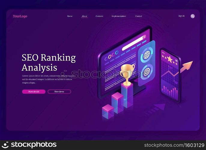 SEO ranking analysis banner. Digital analytics of search engine optimization of content. Vector landing page with isometric charts and graphs on computer and mobile screen. Vector landing page of SEO ranking analysis