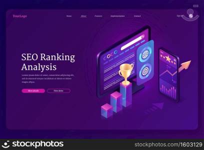 SEO ranking analysis banner. Digital analytics of search engine optimization of content. Vector landing page with isometric charts and graphs on computer and mobile screen. Vector landing page of SEO ranking analysis