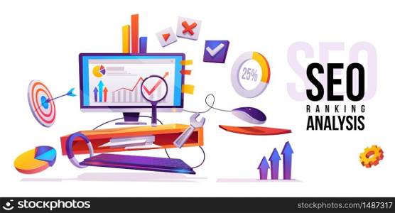 SEO ranking analysis banner. Technology for internet marketing and digital business content. Computer desktop with wrench, magnifier, graphs and media icons around, Cartoon vector illustration, poster. SEO ranking analysis internet technology banner