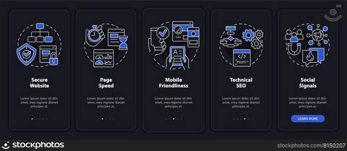 SEO ranking factors night mode onboarding mobile app screen. Walkthrough 5 steps editable graphic instructions with linear concepts. UI, UX, GUI template. Myriad Pro-Bold, Regular fonts used. SEO ranking factors night mode onboarding mobile app screen