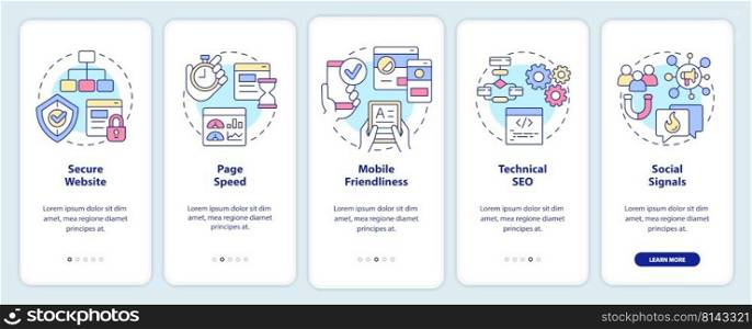 SEO ranking factors onboarding mobile app screen. Website promo. Walkthrough 5 steps editable graphic instructions with linear concepts. UI, UX, GUI template. Myriad Pro-Bold, Regular fonts used. SEO ranking factors onboarding mobile app screen