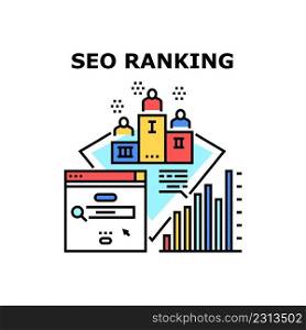 Seo Ranking Vector Icon Concept. Seo Ranking Position After Researching Digital Internet Business Content, Analyzing Infographic. Marketing And Optimization Technology Color Illustration. Seo Ranking Vector Concept Color Illustration