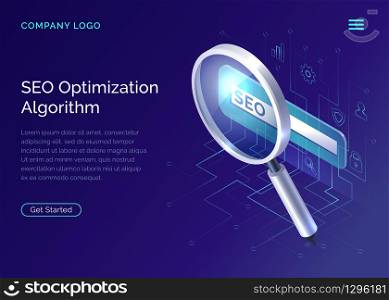 SEO, search engine optimization algorithm, concept vector isometric illustration. Large magnifying glass for monitoring and analyzing data, blue landing website page, interface template. SEO, search engine optimization algorithm concept